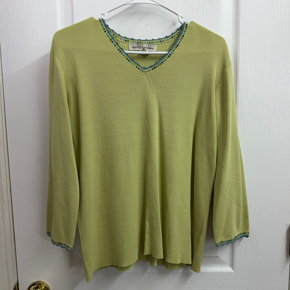 Vintage David Brooks light green beaded soft knit stretch embroidered sweater XL